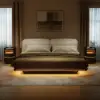 Modern Black Saddle Leather LED Nightstand with Wireless Charging, Set of 2