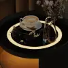 Modern Black Saddle Leather LED Nightstand with Wireless Charging, Set of 2