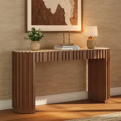 Aura 60" Ash Wood Fluted Walnut Console Table With Sintered Stone Top