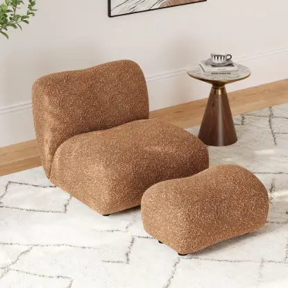 Picture of Set of 17" Performance Boucle Upholstered Curved Slipper Accent Chair and Ottoman