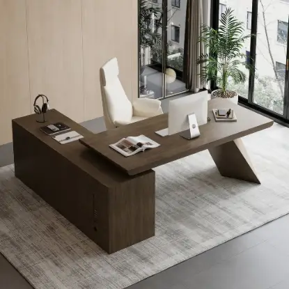 Modern 1803 mm L-Shaped Smoked Brown Executive Desk with Right Hand Return