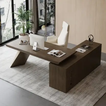 Picture of Modern 71" L-Shaped Smoked Brown Executive Desk with Left-Side Cabinet