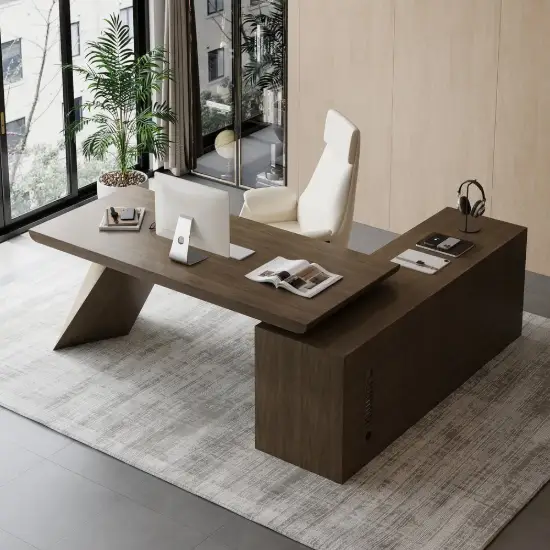 Modern 71" L-Shaped Smoked Brown Executive Desk with Left-Side Cabinet