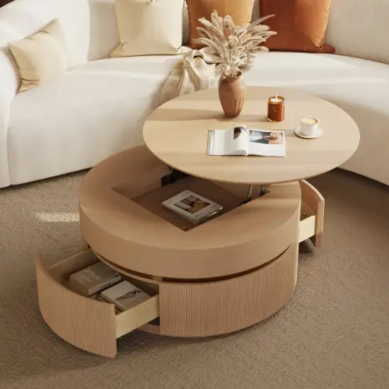 32" Fluted Lift-Top Round Coffee Table with 2 Drawers – Natural