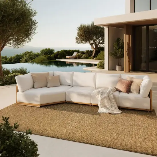 4-Piece Outdoor Teak & Aluminium Sectional Sofa Set with Chaise for 4 in Light Gray