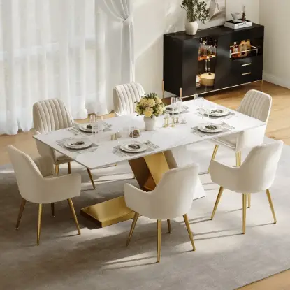 Dining Set 79" Modern Rectangle Sintered Stone Dining Table with 6 Chairs