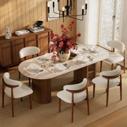 71" Oval Faux Travertine Dining Table Set with 6 Chairs
