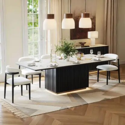 Aura 84" Rectangular Black Faux Travertine Sintered Stone Dining Table, Fluted Base, Seats 8