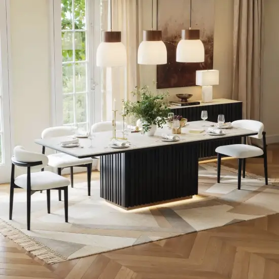 Aura 84" Rectangular Black Faux Travertine Sintered Stone Dining Table, Fluted Base, Seats 8