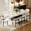 Aura 84" Rectangular Black Faux Travertine Sintered Stone Dining Table, Fluted Base, Seats 8