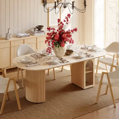 Picture of Modern 71" Oval Natural Faux Travertine Dining Table with Fluted Base & Storage