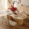 Modern 71" Oval Natural Faux Travertine Dining Table with Fluted Base & Storage
