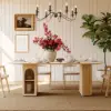 Modern 71" Oval Natural Faux Travertine Dining Table with Fluted Base & Storage