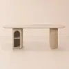 Modern 71" Oval Natural Faux Travertine Dining Table with Fluted Base & Storage