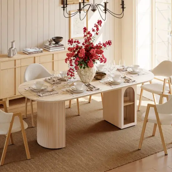 Modern 71" Oval Whitewash Faux Travertine Dining Table with Fluted Base & Storage
