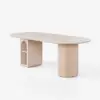 Modern 71" Oval Whitewash Faux Travertine Dining Table with Fluted Base & Storage