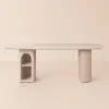 Modern 71" Oval Whitewash Faux Travertine Dining Table with Fluted Base & Storage