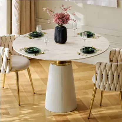 Picture of Modern 39" Round Faux Travertine Dining Table with Leather-Wrapped Base, Seats 2