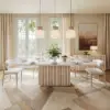 Aura 84" Rectangular Whitewash Faux Travertine Sintered Stone Dining Table, Fluted Base, Seat 8