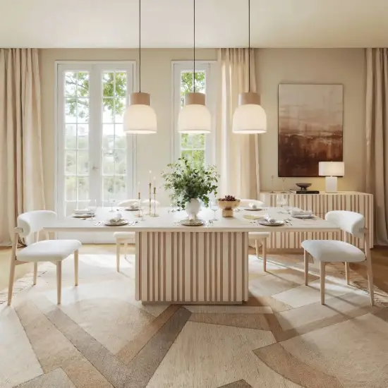 Aura 84" Rectangular Whitewash Faux Travertine Sintered Stone Dining Table, Fluted Base, Seat 8
