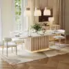 Aura 84" Rectangular Whitewash Faux Travertine Sintered Stone Dining Table, Fluted Base, Seat 8