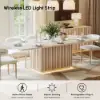 Aura 84" Rectangular Whitewash Faux Travertine Sintered Stone Dining Table, Fluted Base, Seat 8