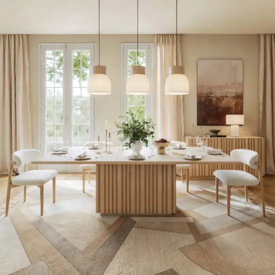 Aura 84" Rectangular Natural Faux Travertine Sintered Stone Dining Table, Fluted Base, Seat 8