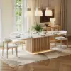 Aura 84" Rectangular Natural Faux Travertine Sintered Stone Dining Table, Fluted Base, Seat 8