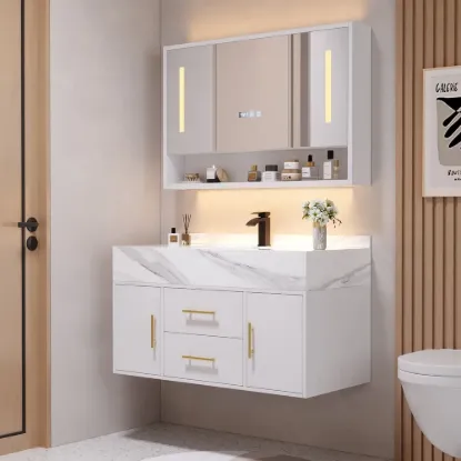 100cm White Floating Bathroom Vanity Set with LED Mirror Cabinet