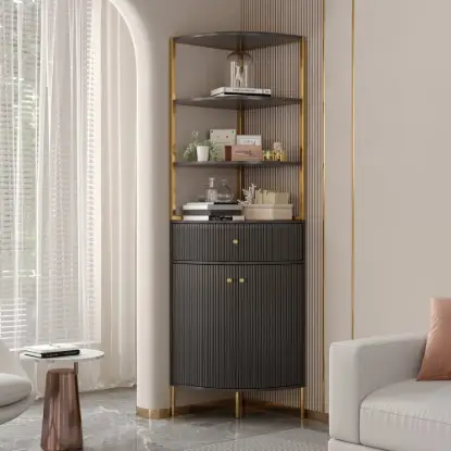 Modern 75" Black Corner Etagere Bookshelf with Drawer and 2-Door Cabinet