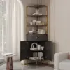 Modern 75" Black Corner Etagere Bookshelf with Drawer and 2-Door Cabinet