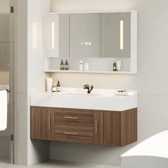 100cm Walnut Bathroom Vanity & LED Mirror Cabinet Set
