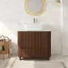 80cm Fluted Freestanding Bathroom Vanity with Vessel Sink, 3-Drawers, Sintered Stone top – Walnut
