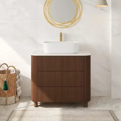 80cm Fluted Freestanding Bathroom Vanity with Vessel Sink, 3-Drawers, Sintered Stone top – Walnut