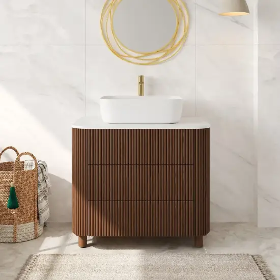 80cm Fluted Freestanding Bathroom Vanity with Vessel Sink, 3-Drawers, Sintered Stone top – Walnut