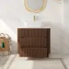 80cm Fluted Freestanding Bathroom Vanity with Vessel Sink, 3-Drawers, Sintered Stone top – Walnut