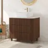 80cm Fluted Freestanding Bathroom Vanity with Vessel Sink, 3-Drawers, Sintered Stone top – Walnut