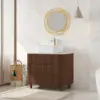 80cm Fluted Freestanding Bathroom Vanity with Vessel Sink, 3-Drawers, Sintered Stone top – Walnut