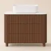 80cm Fluted Freestanding Bathroom Vanity with Vessel Sink, 3-Drawers, Sintered Stone top – Walnut
