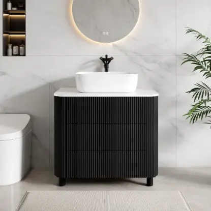 80cm Fluted Freestanding Bathroom Vanity with Vessel Sink, 3-Drawers, Sintered Stone top – Black