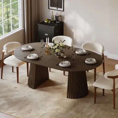 Picture of Modern 47"-79" Extendable Smoky Brown Wood Dining Table with Fluted Base, Seats 4-6