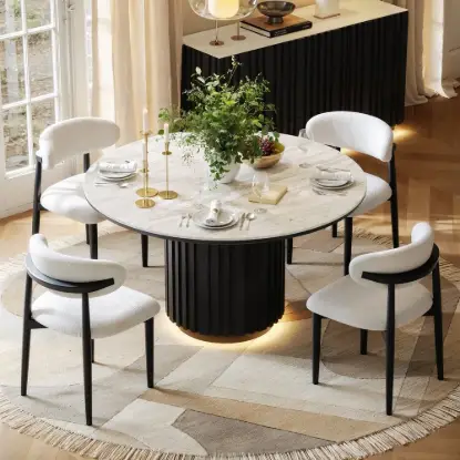 Aura 47" Round Black Faux Travertine Sintered Stone Dining Table, Fluted Base, Seats 4