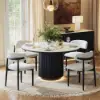 Aura 47" Round Black Faux Travertine Sintered Stone Dining Table, Fluted Base, Seats 4
