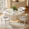 Aura 47" Round Whitewash Faux Travertine Sintered Stone Dining Table, Fluted Base, Seats 4