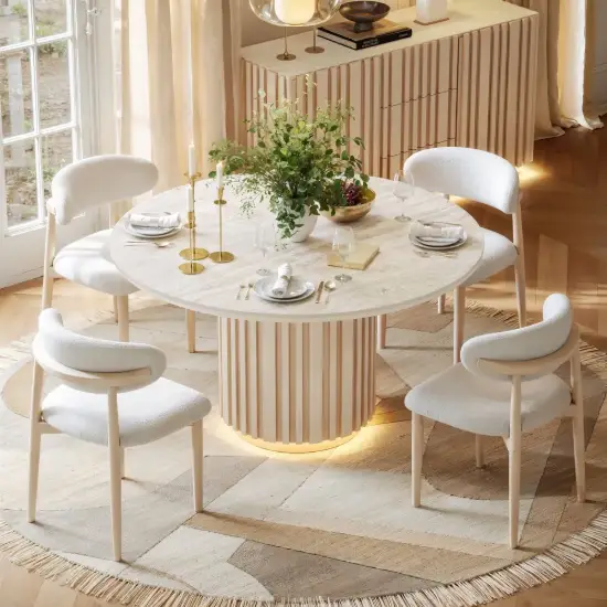 Aura 47" Round Whitewash Faux Travertine Sintered Stone Dining Table, Fluted Base, Seats 4