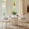 Aura 47" Round Whitewash Faux Travertine Sintered Stone Dining Table, Fluted Base, Seats 4