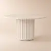Aura 47" Round Whitewash Faux Travertine Sintered Stone Dining Table, Fluted Base, Seats 4