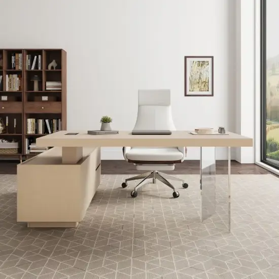 Modern 72" L-Shape Whitewash Standing Executive Desk with lifter Desktop Right Hand