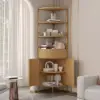 Modern 75" Natural Etagere Corner Bookshelf with Drawer and 2-Door Cabinet