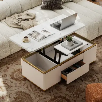 Picture of 48" Ivory Saddle Leather Lift-Top Coffee Table with 2 Drawers